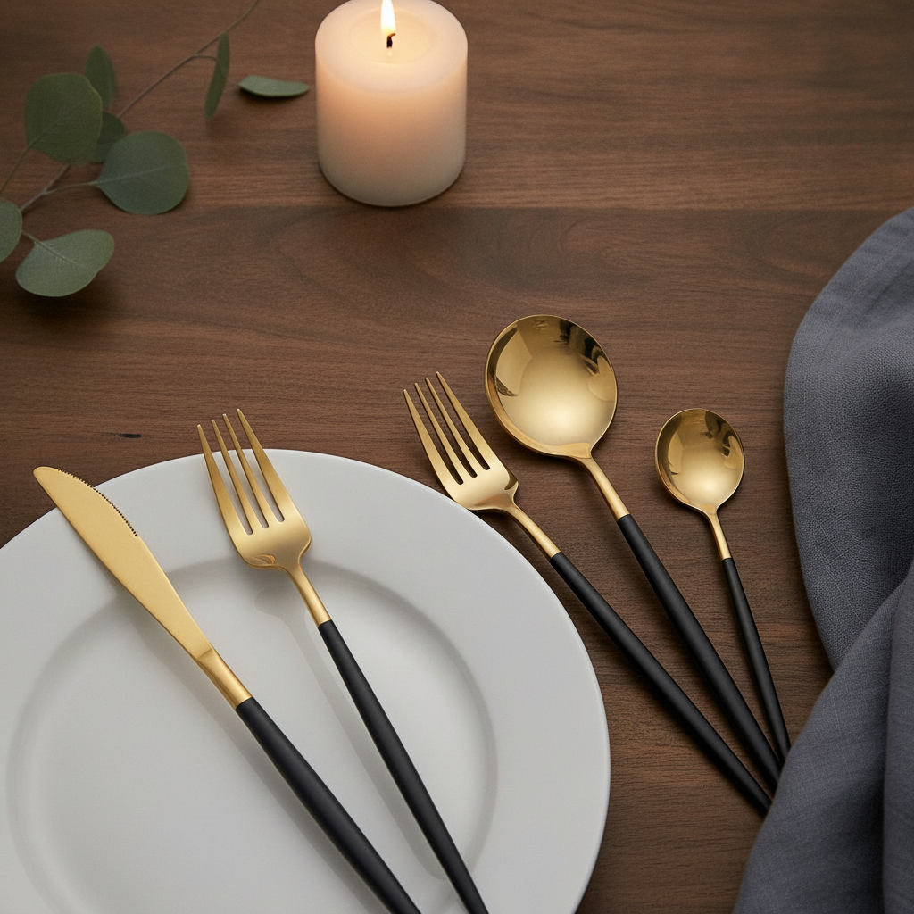 Gold and black flatware place setting with white plate and candle on wood