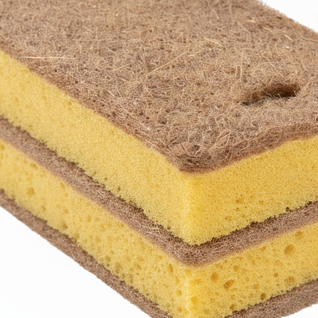 Macro close-up of brown coir scrub side and yellow cellulose body of a dish sponge
