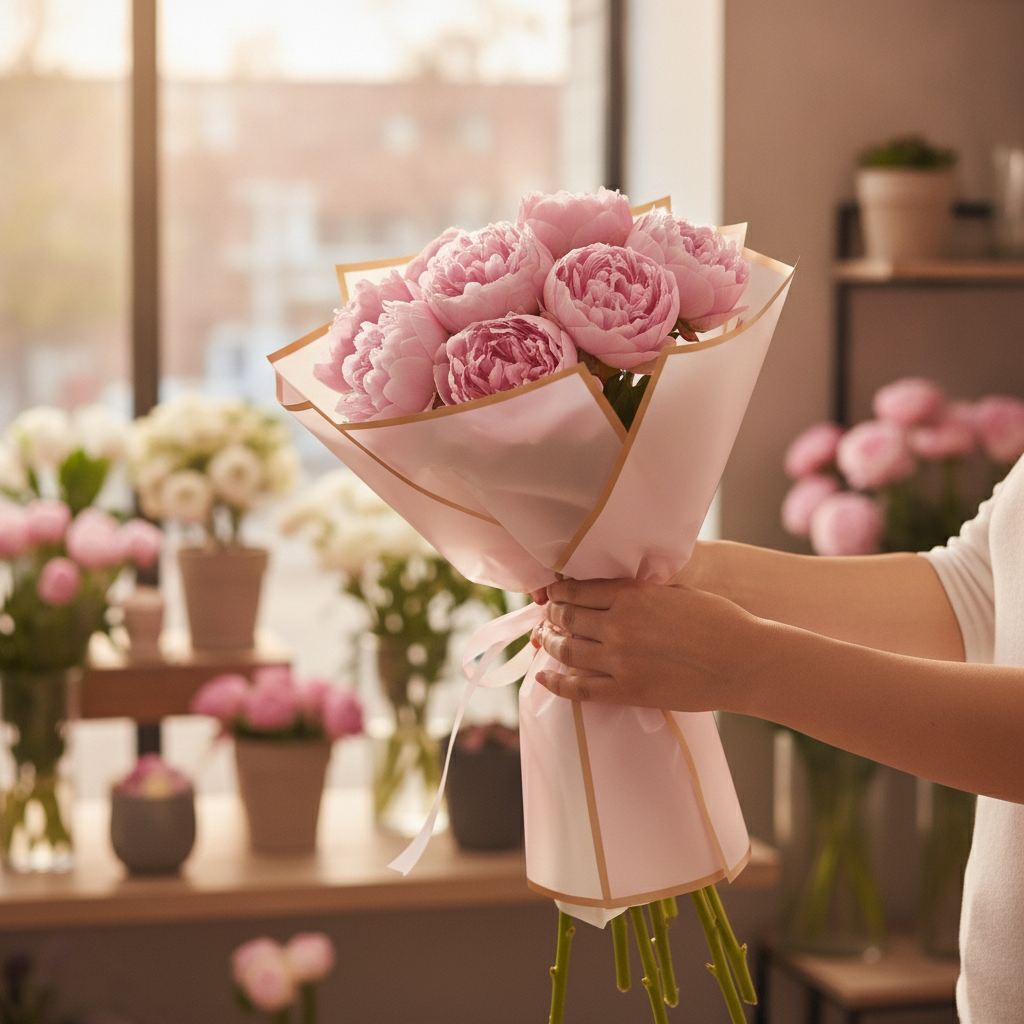 Florist wrapping a pink peony bouquet in pink gold-edge floral paper