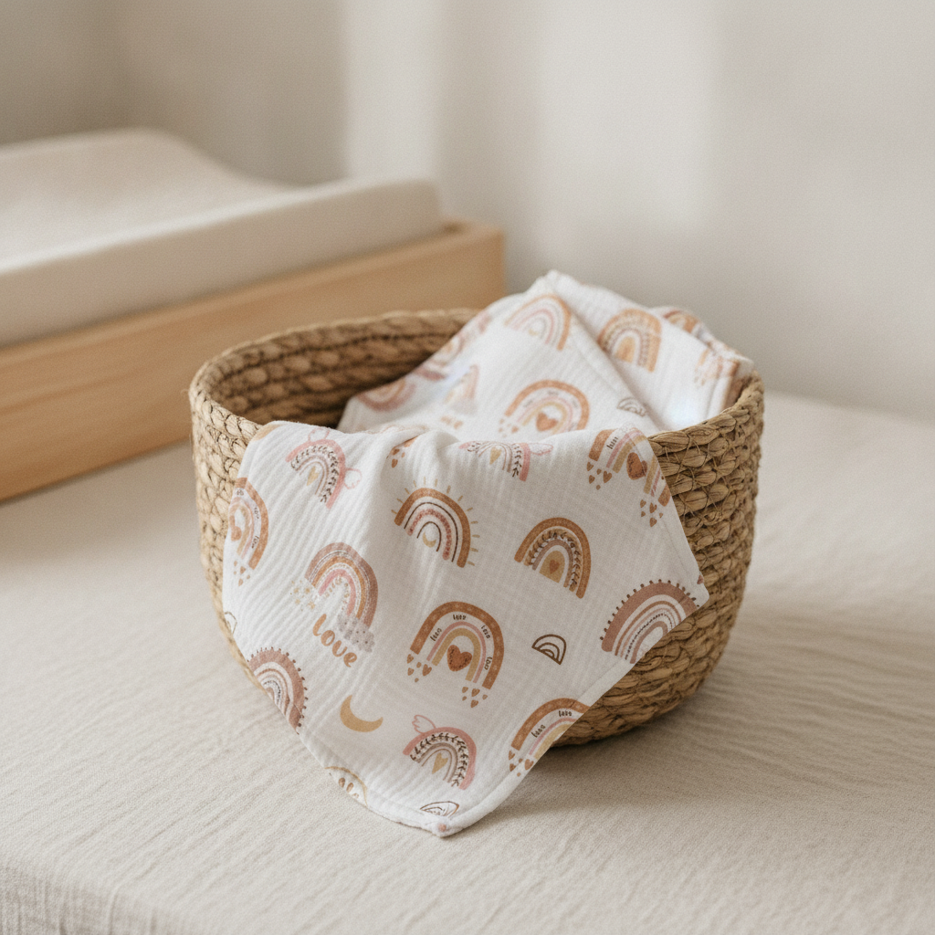 Boho rainbow muslin baby washcloth draped over a woven basket