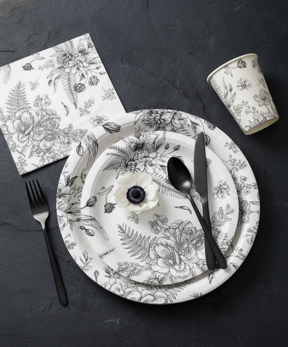 Black floral vintage paper place setting with cup, napkin and black cutlery on slate