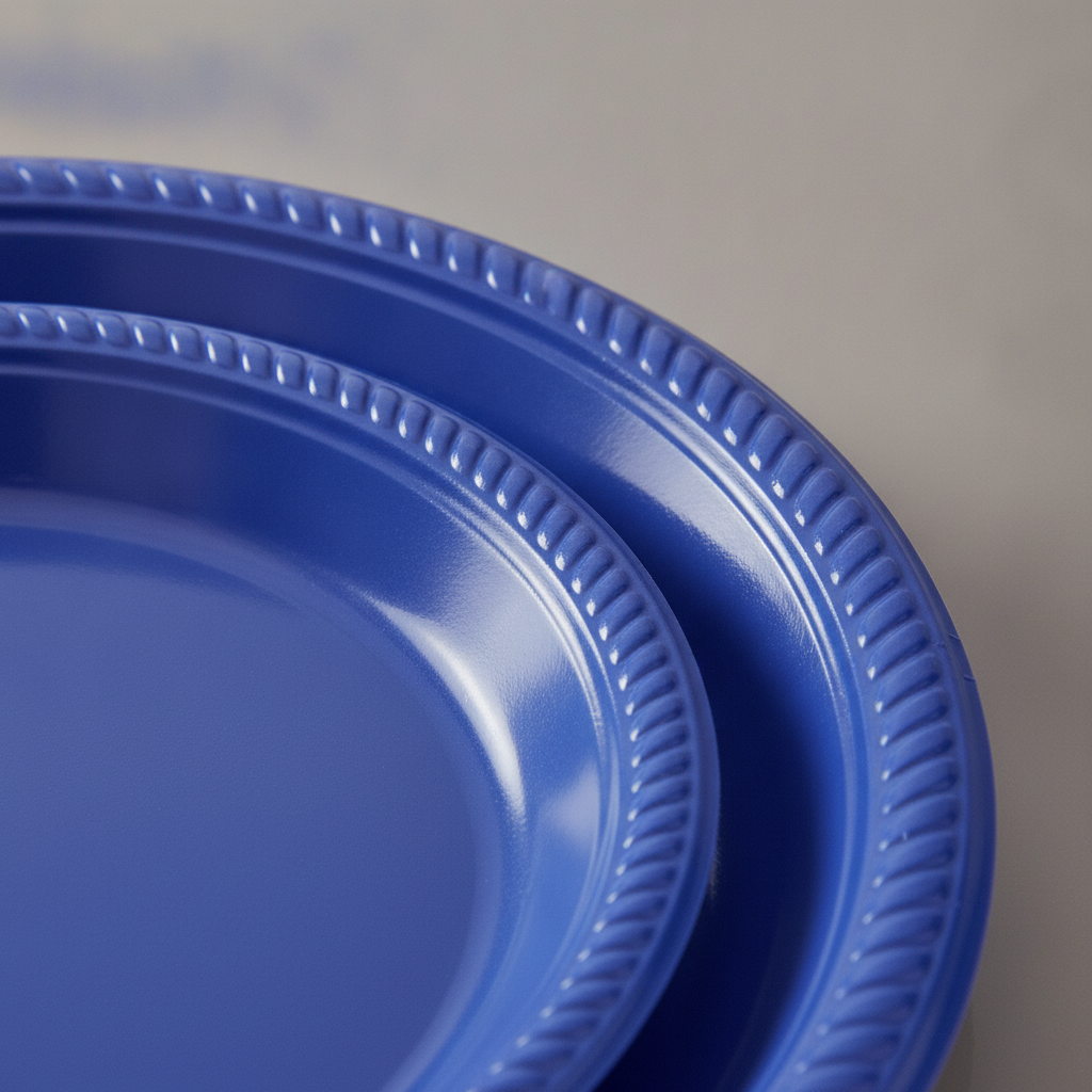 Macro close-up of embossed ribbed rim on a dark royal-blue plastic plate