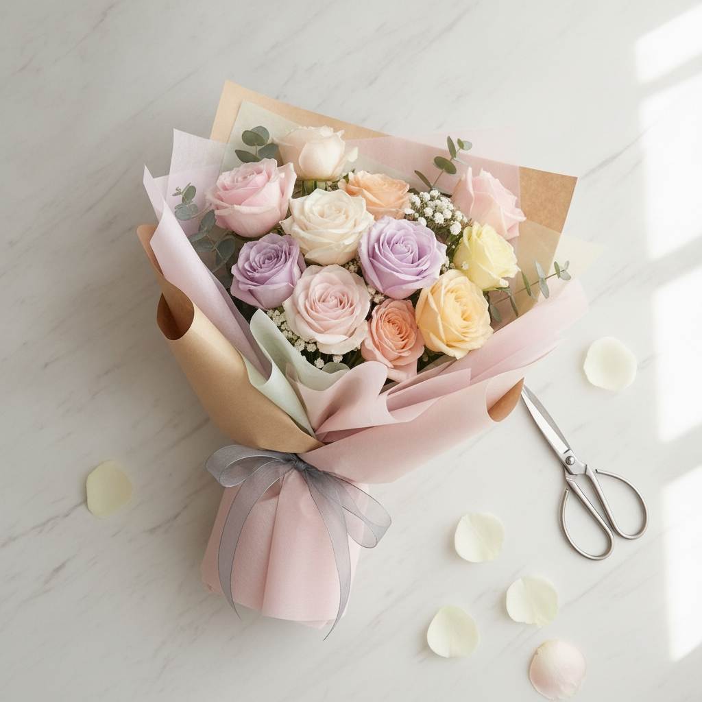 Pastel bouquet wrapped in cotton lining paper on a marble surface
