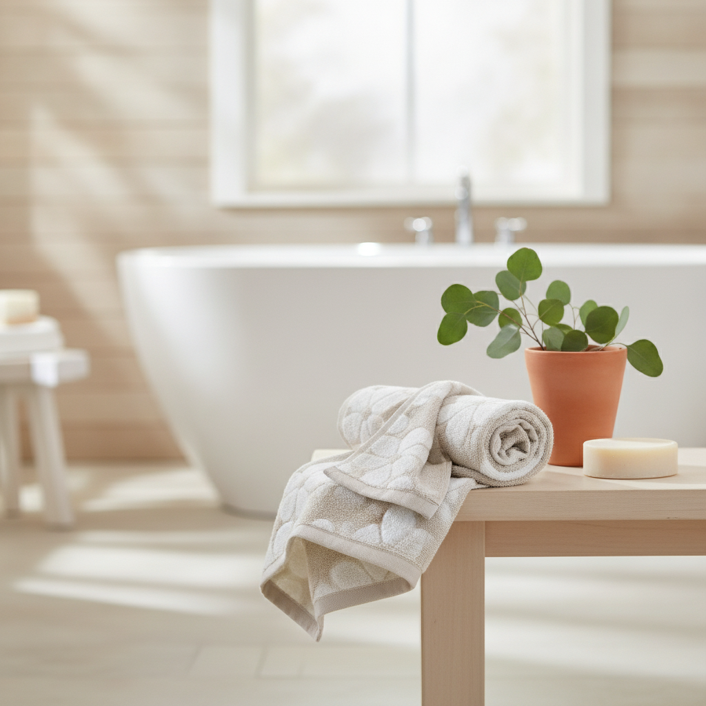 Light beige floral jacquard bath towel draped over a spa bench with eucalyptus