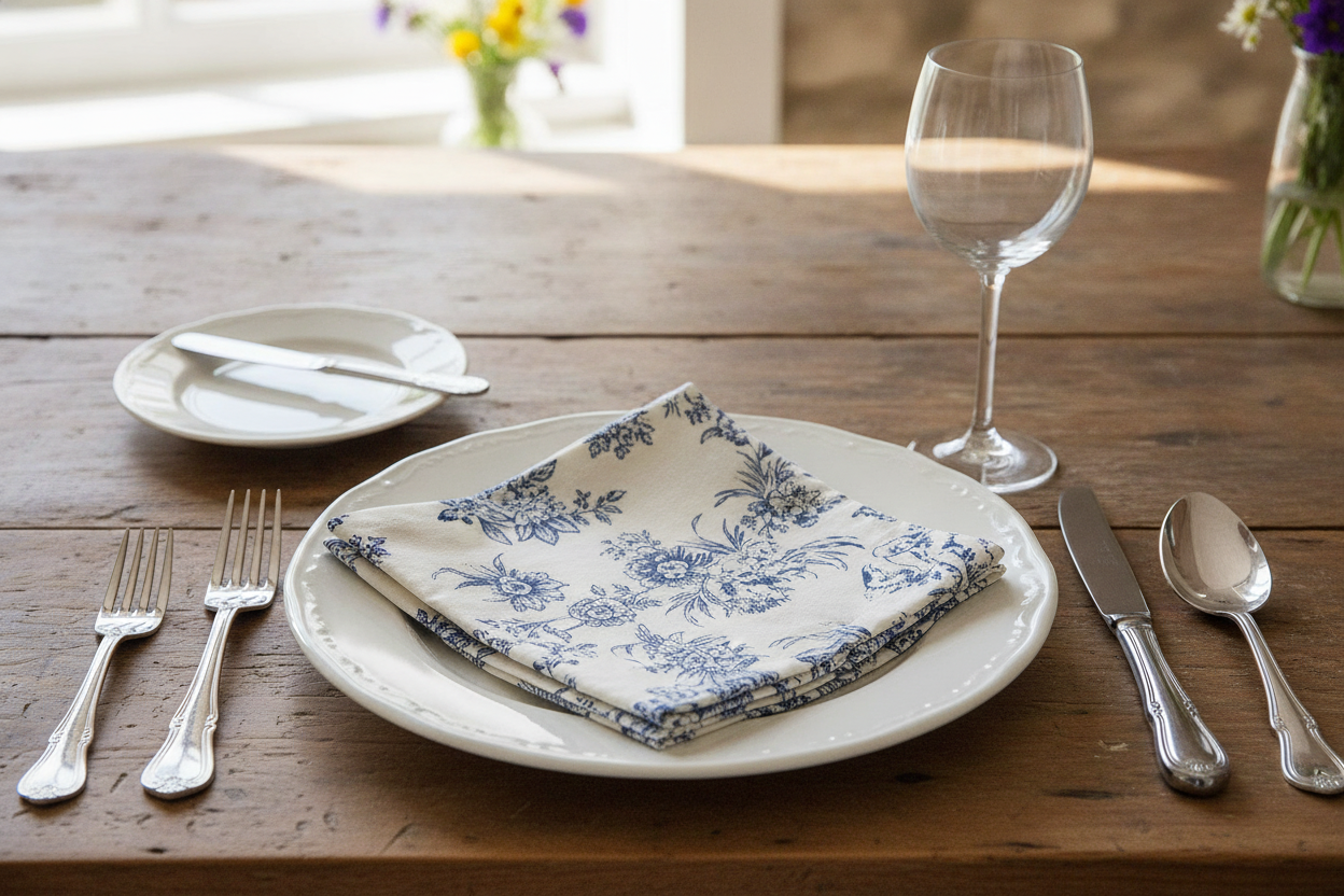 Blue toile cotton napkin folded on a white plate in a country French place setting