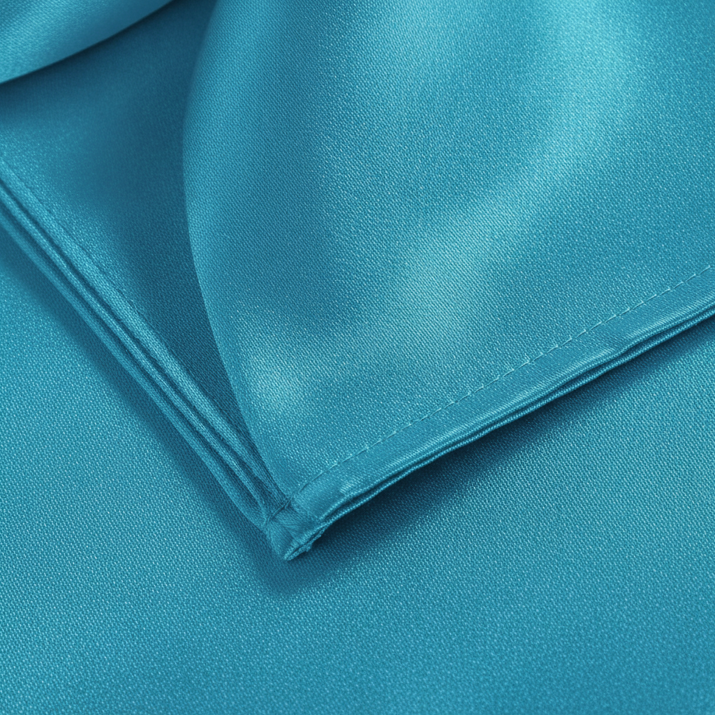 Close-up of silky teal satin napkin fabric and stitched hem