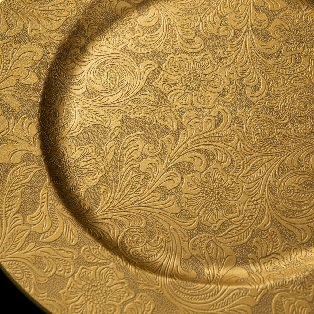 Macro detail of the gold charger plate's vintage floral damask embossed relief
