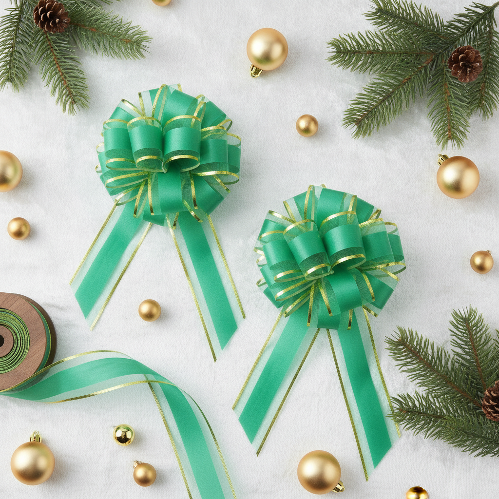 Overhead flat-lay of green-gold pull bows with pine and gold baubles