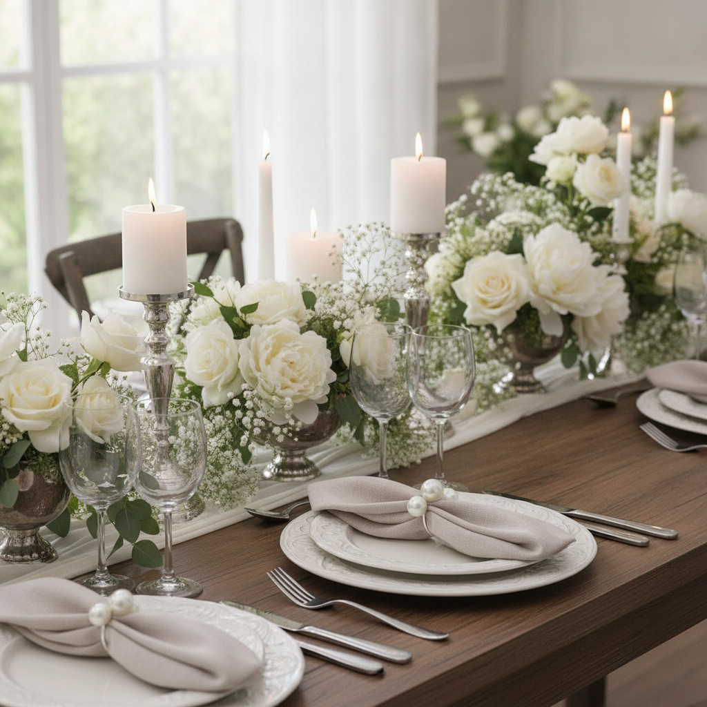 Wedding tablescape with silver pearl napkin rings holding folded napkins and white florals