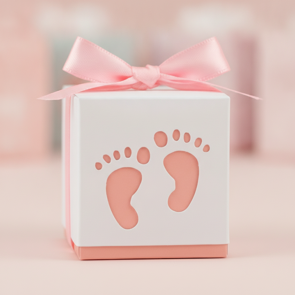 Macro detail of the die-cut pink baby footprint and pink satin ribbon bow on a white favor box