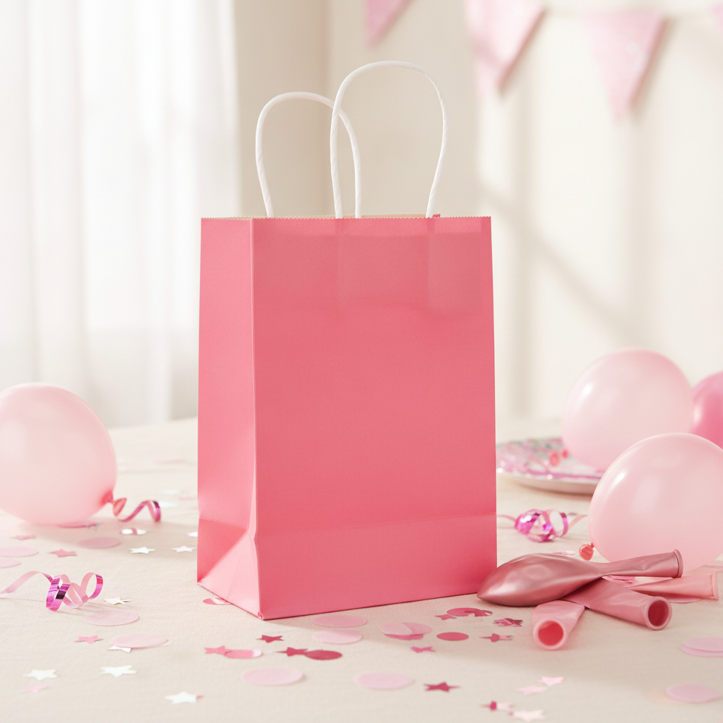 Pink kraft gift bag with white twisted handles on party table with balloons