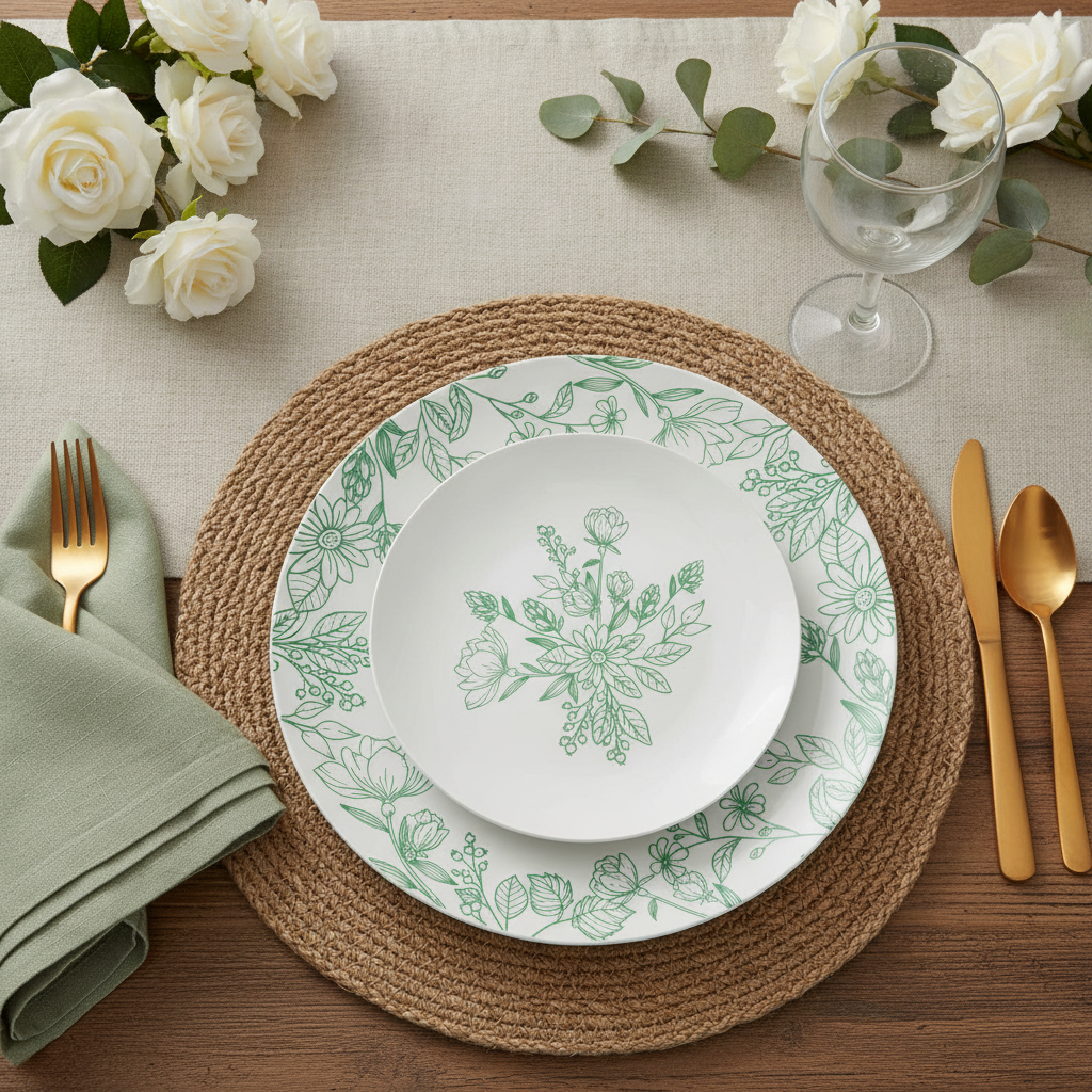 White disposable plastic plates with green botanical floral print styled in a place setting with gold flatware and white roses