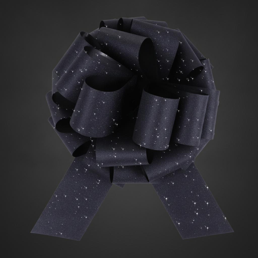 Macro detail of a black glitter pull bow ribbon loops and shimmer