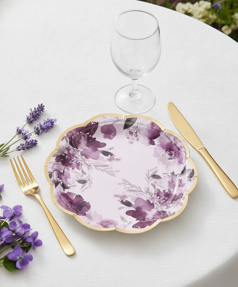 Purple floral disposable paper party plate garden place setting with lavender napkin and gold cutlery