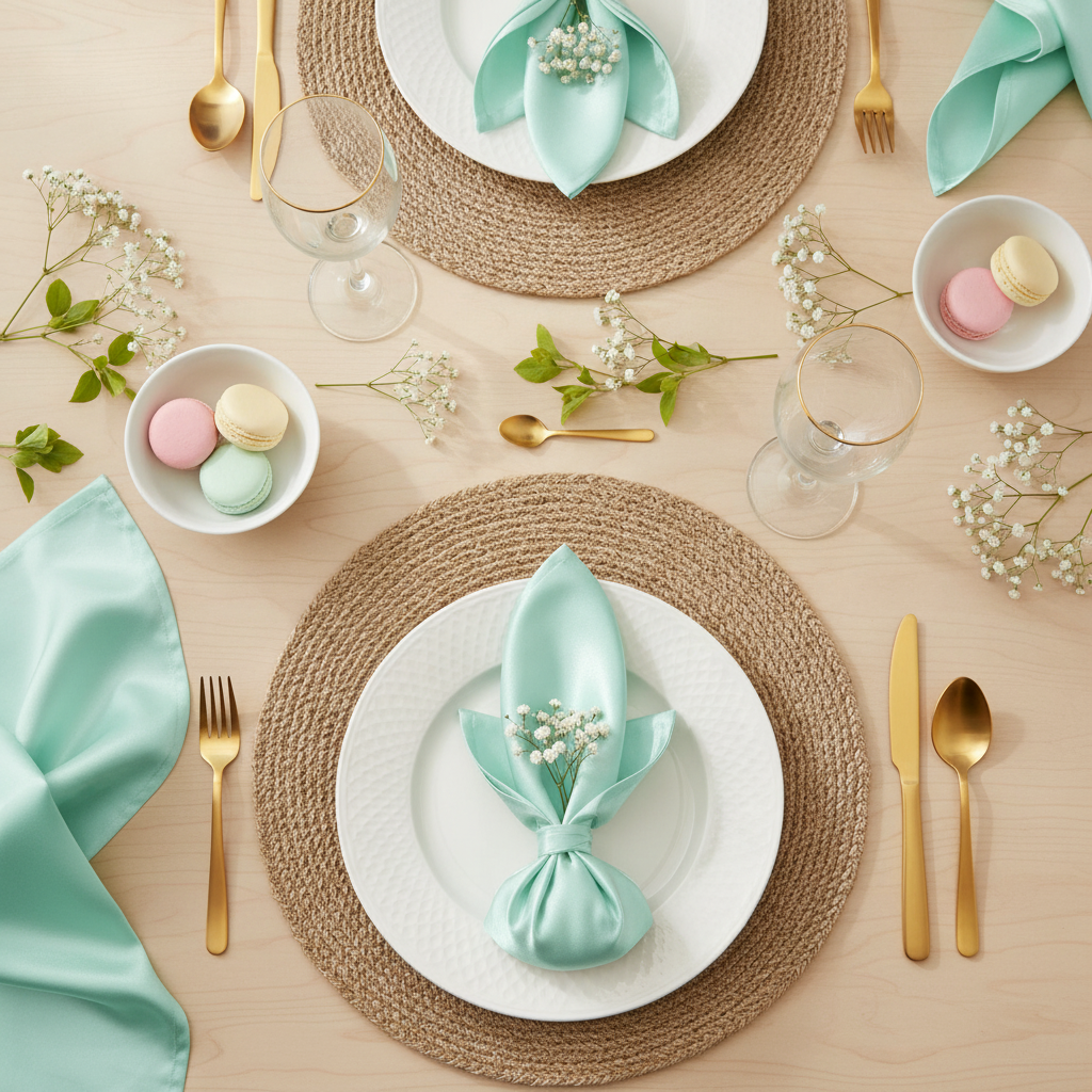Aqua satin napkins styled spring tablescape flat lay with gold cutlery