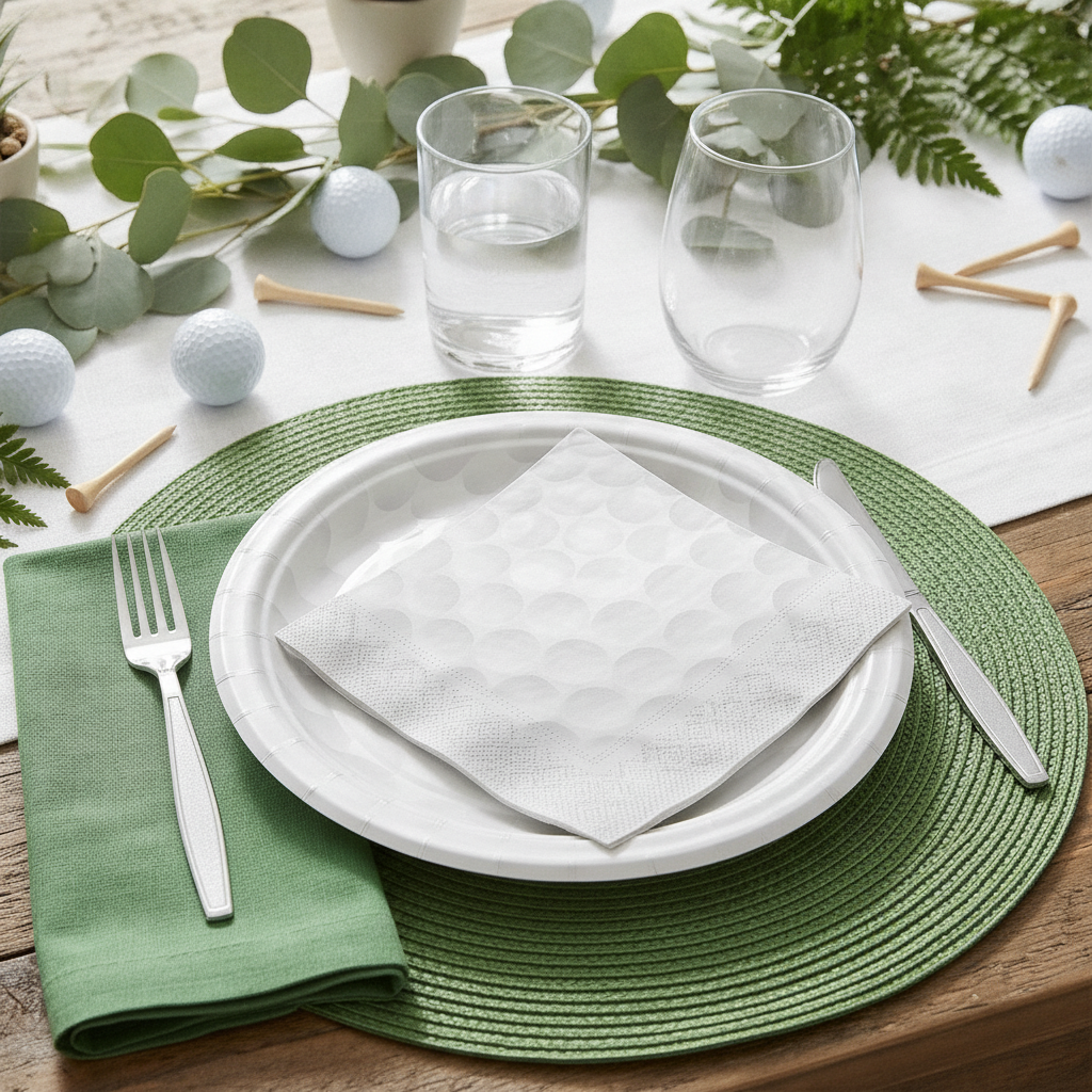 Golf-themed disposable place setting with golf-ball paper plate napkin and fork