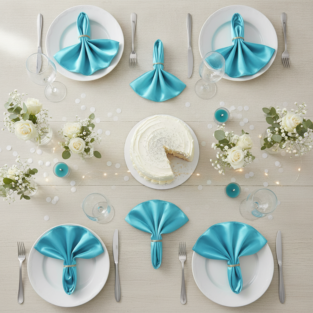 Teal satin napkins styled on a celebration tablescape
