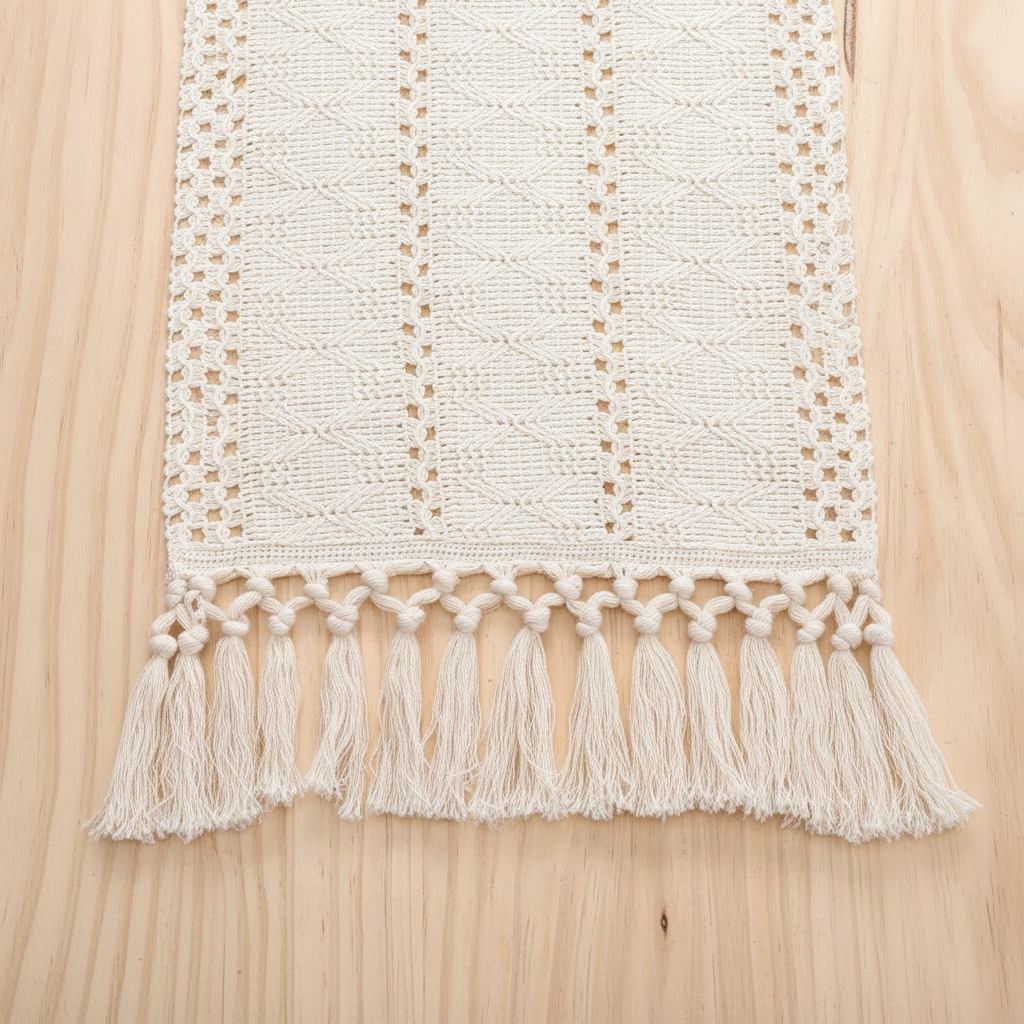 Flat-lay detail of the long thick ivory hand-knotted macrame tassels on the fringed end of the runner
