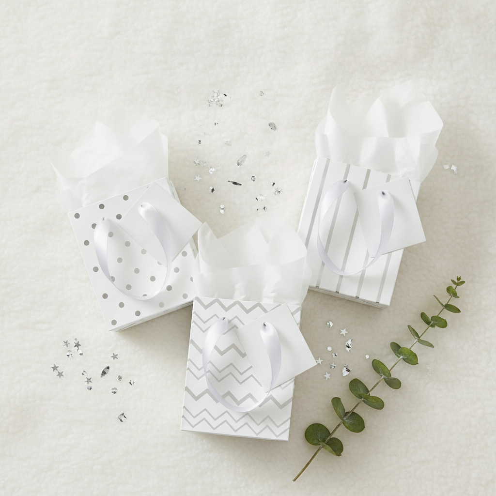 Overhead flat-lay of white-silver foil mini gift bags with tissue and eucalyptus