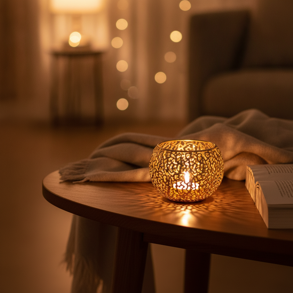 Gold filigree candle holder glowing on a wood table in a cozy living room