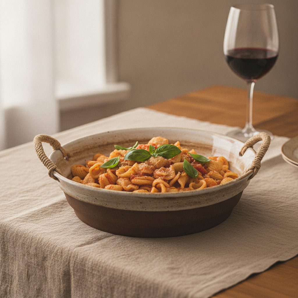 Hemp-rope stoneware serving bowl with pasta and basil beside a glass of wine