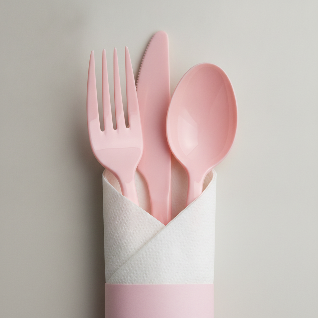 Close-up of pink plastic fork knife and spoon emerging from a folded white napkin roll