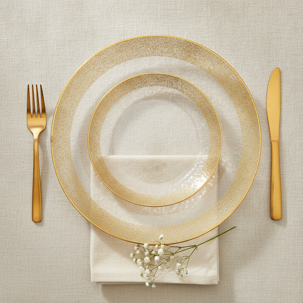 Overhead flat-lay of clear plates with wide sparkling gold-flecked rim and gold cutlery