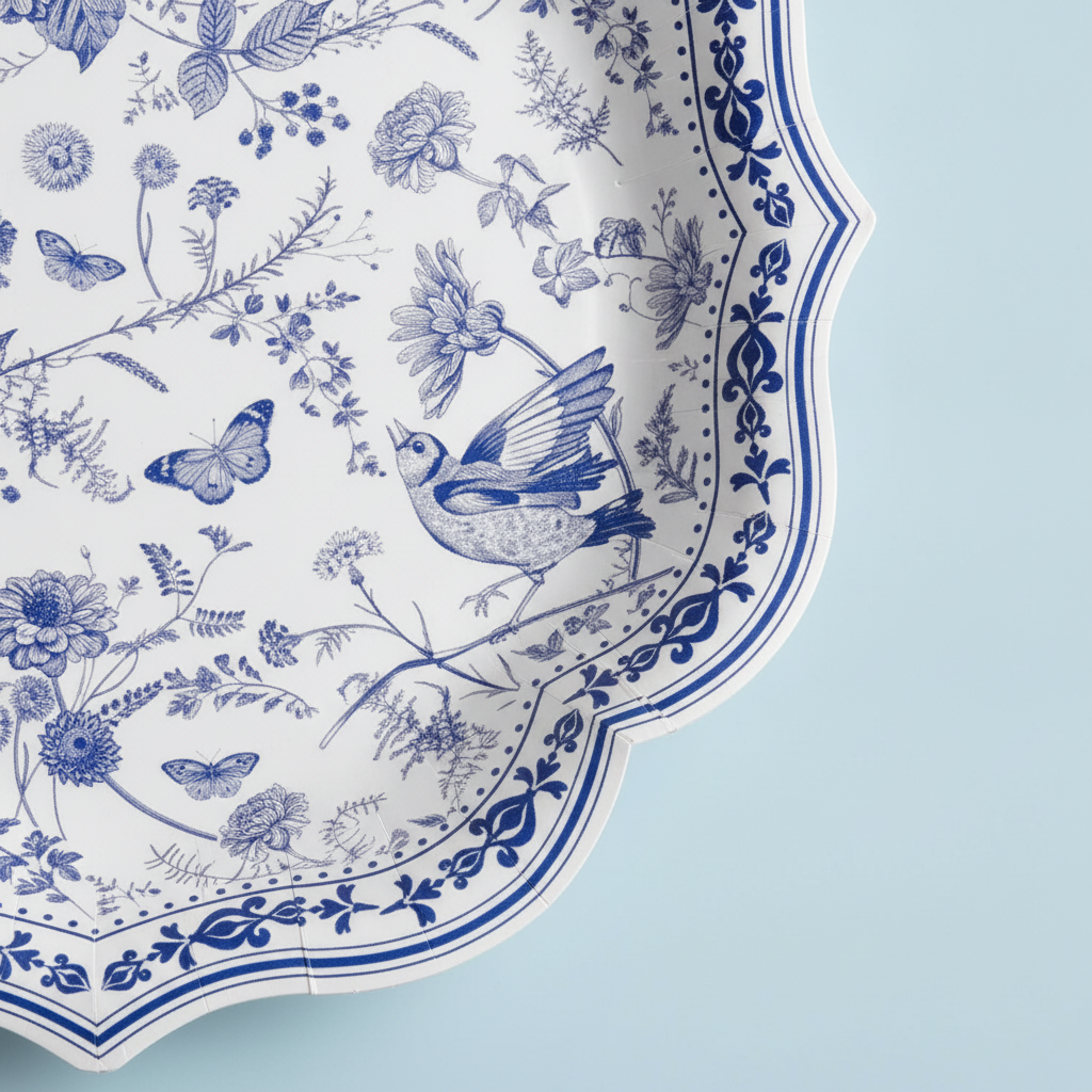 Macro close-up of blue chinoiserie floral and bird print on a scalloped paper plate