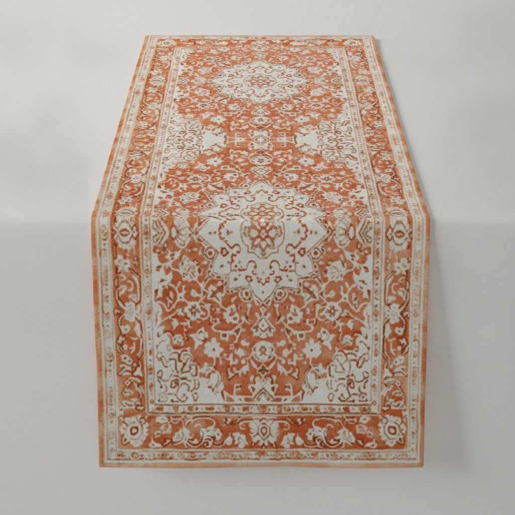 Terracotta medallion printed boho table runner draped on soft-white studio surface