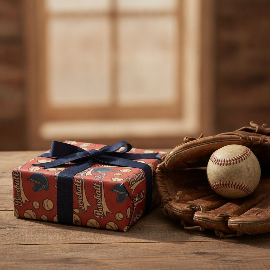 Gift wrapped in vintage baseball paper with a baseball and leather mitt