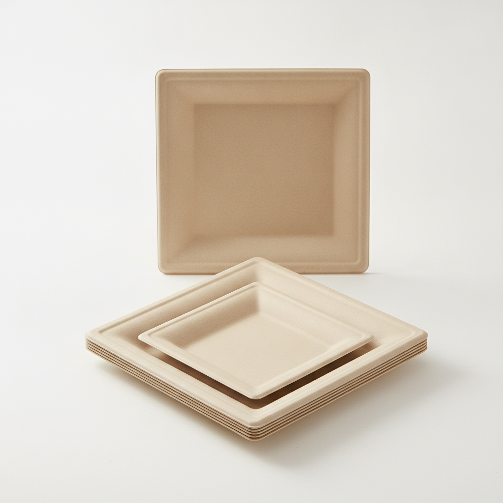 Stack of natural brown square sugarcane bagasse compostable plates on white
