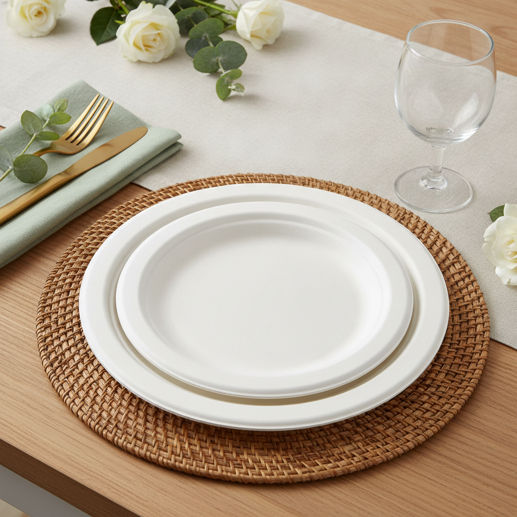 White compostable sugarcane bagasse disposable paper party plates styled bright modern tablescape