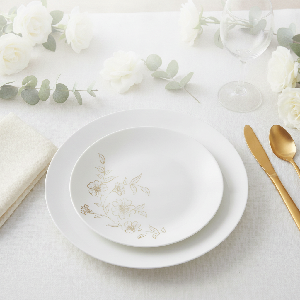 White gold-floral plastic plate place setting with napkin, gold cutlery and roses
