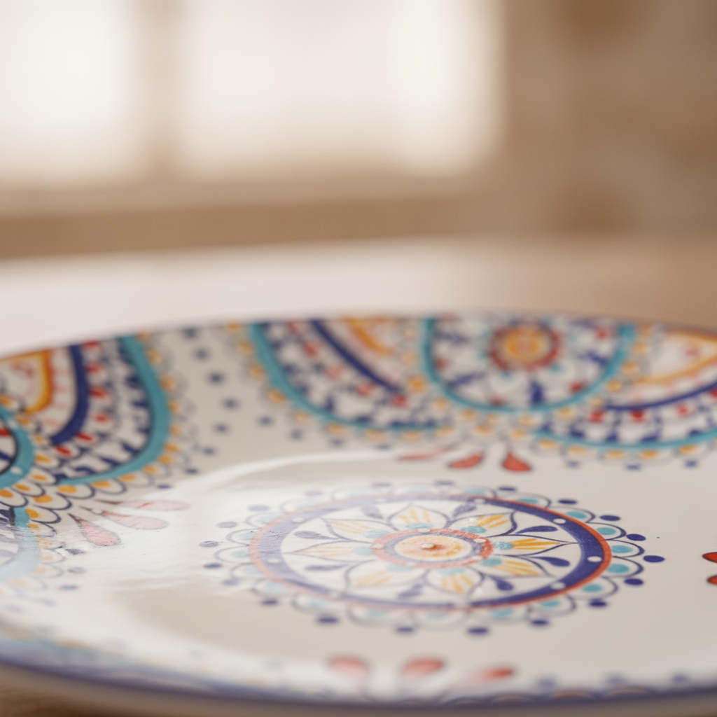 Macro detail of the Mediterranean tile-mandala ceramic plate glaze and painted medallion