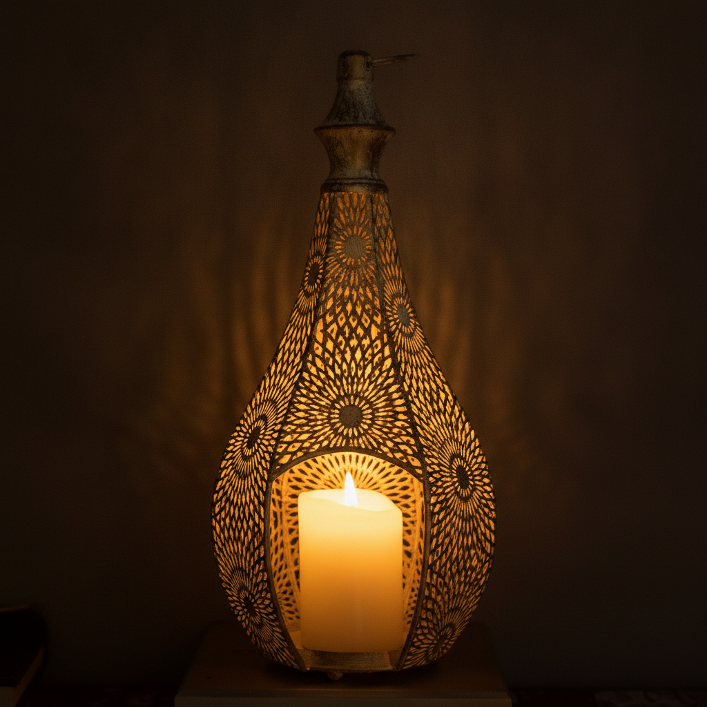 Close-up of the Foratura lantern filigree openwork glowing from a candle inside