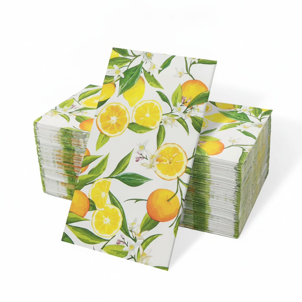 Stack of watercolor lemon print guest paper napkins on white