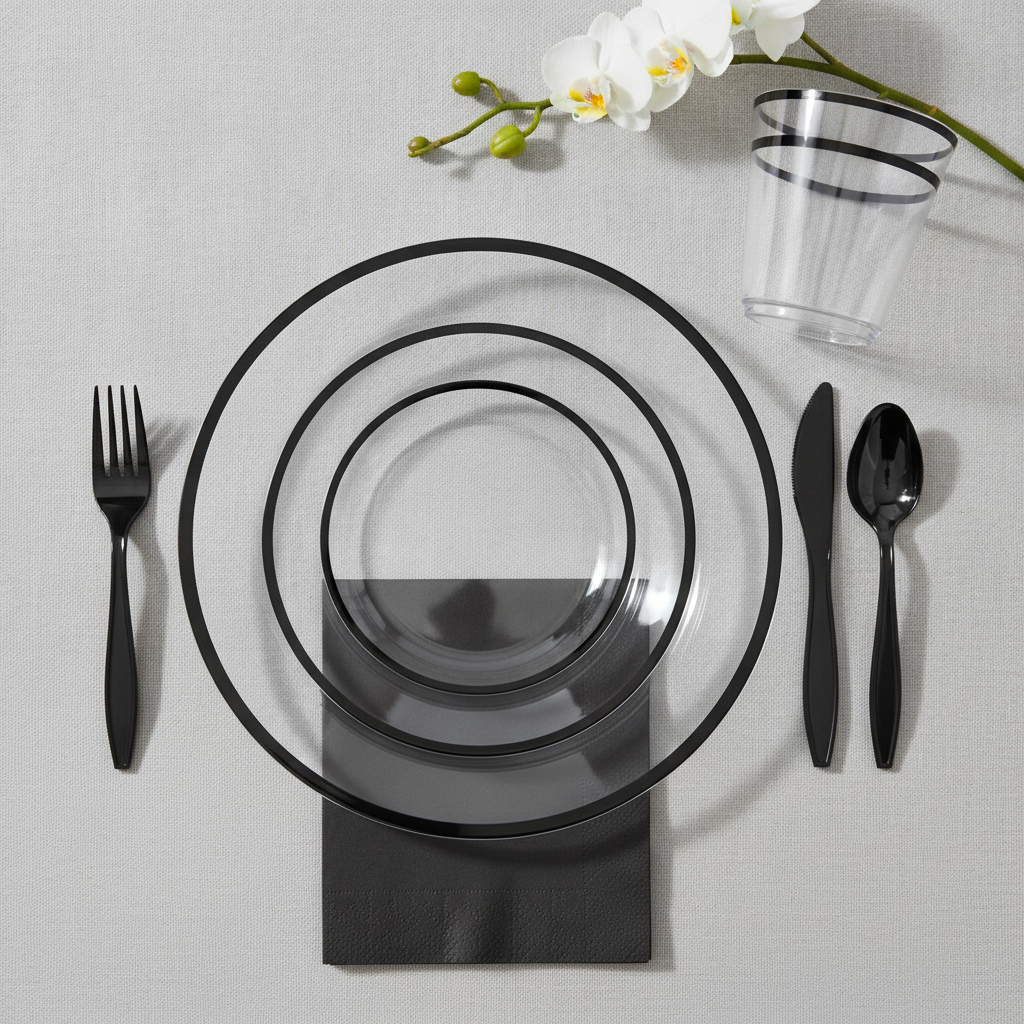 Clear black-rim plastic place setting flat-lay — clear black-rim plates, black cutlery, black napkin and clear black-rim tumbler