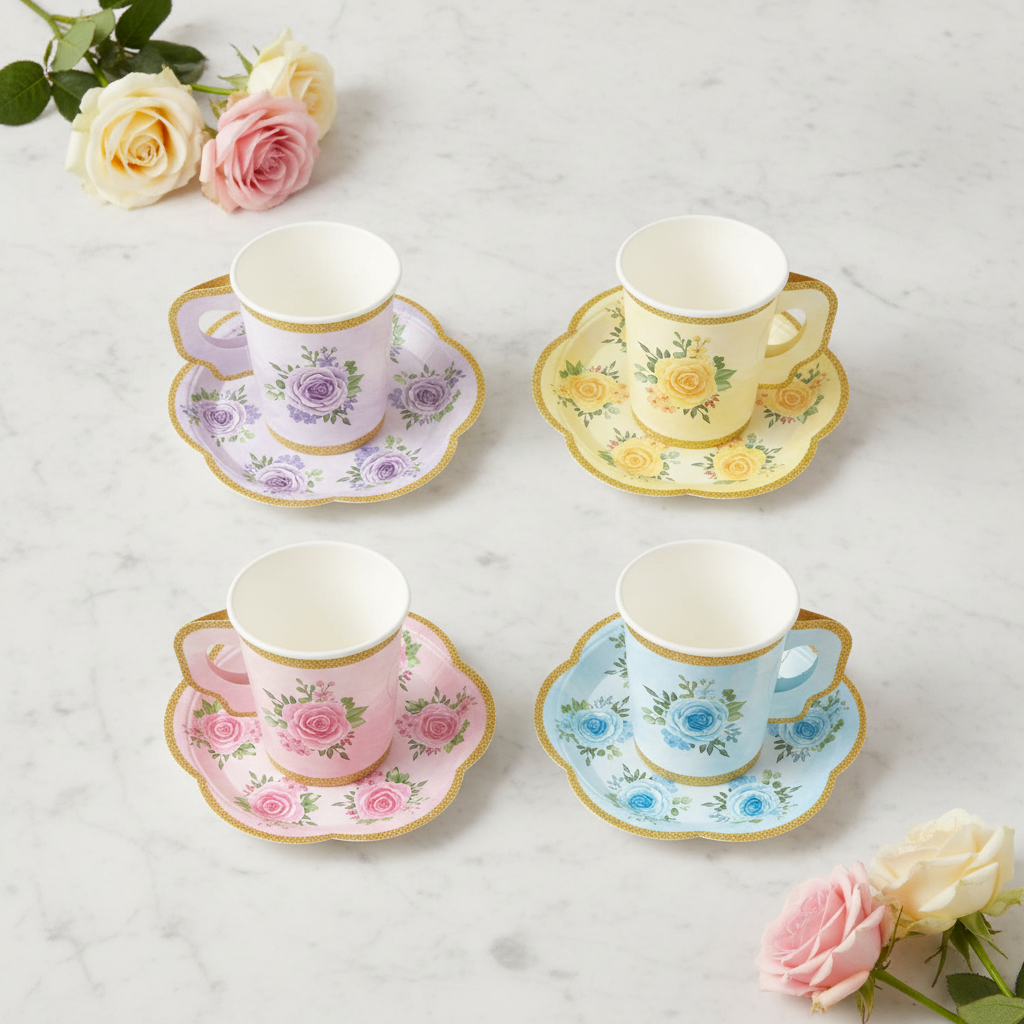 Pink lavender yellow and blue floral paper tea cups on flower-shaped saucers in an assortment
