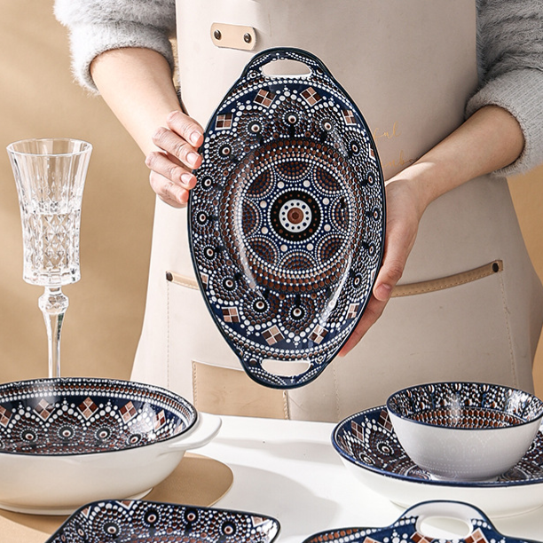 Microwave-safe bohemian ceramic rice bowls and square dishes with hand-painted floral motifs