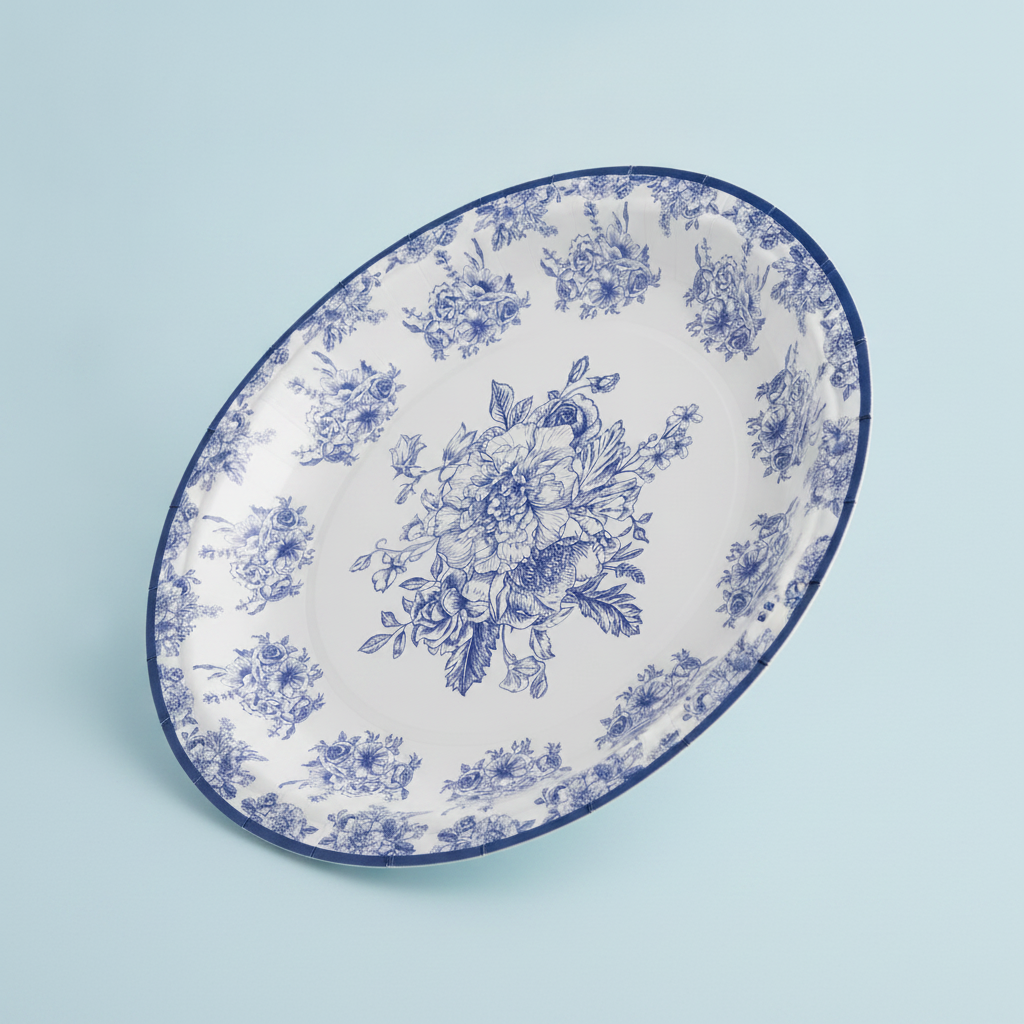 Macro close-up of blue chinoiserie floral print and navy rim on a paper plate