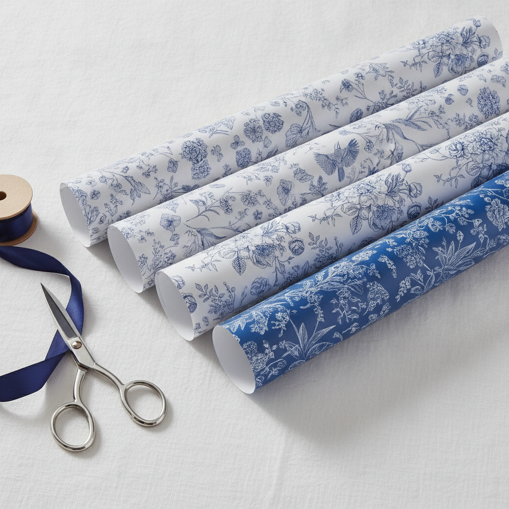 Angled fanned stack of blue and white toile wrapping sheets with scissors