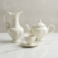 Cortese cream baroque relief ceramic tea and coffee set on white marble