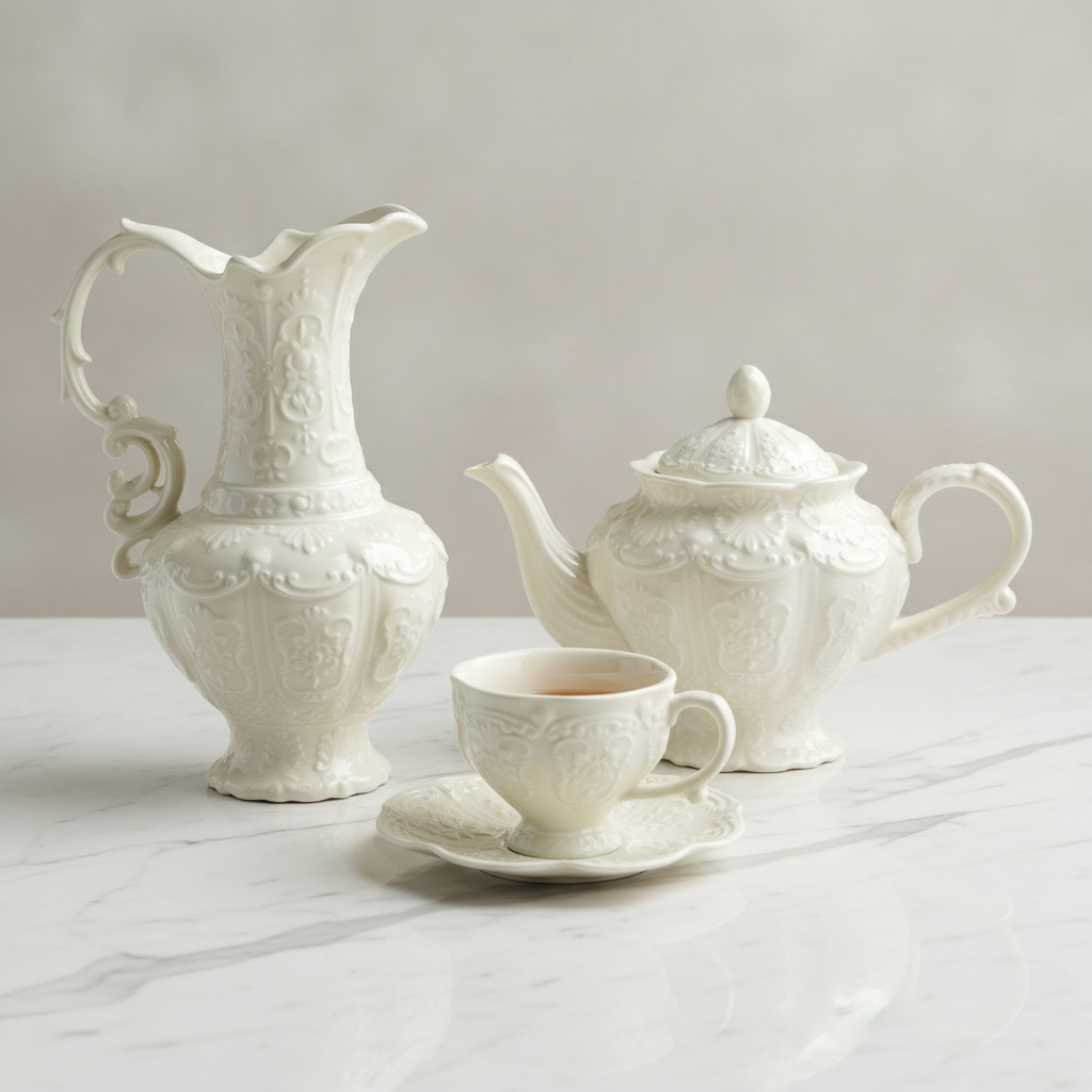 Cortese cream baroque relief ceramic tea and coffee set on white marble