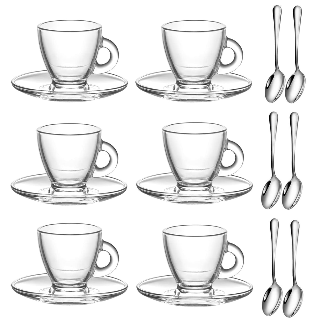 Glass Espresso Cups with Saucers and Spoons, Set of 6