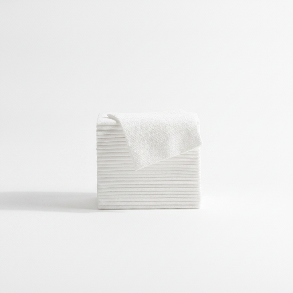 Folded stack of soft white disposable cotton face towels on white background