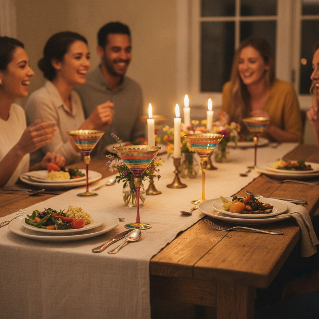 Hand-painted goblets at place settings on a candle-lit dinner party table with friends