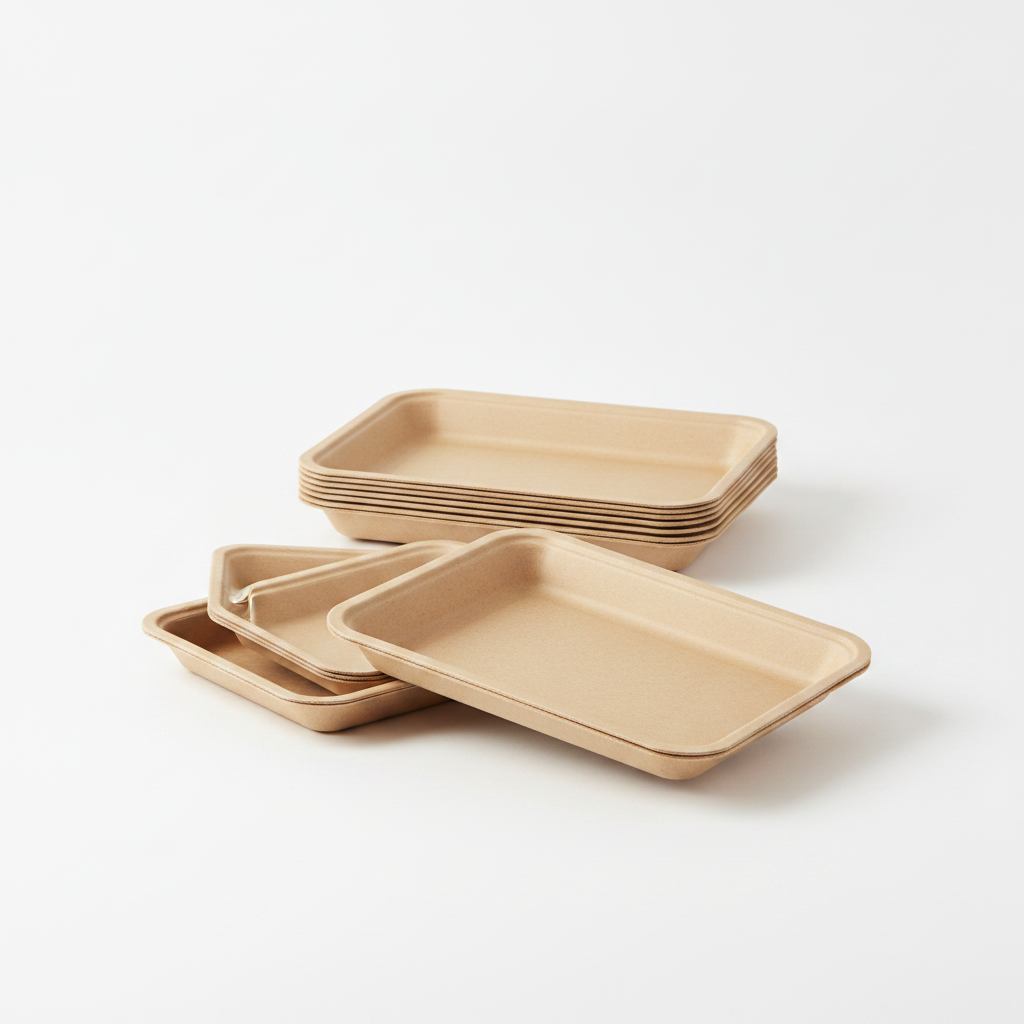 Neat stack of plain natural tan rectangular compostable bagasse trays on a clean white background