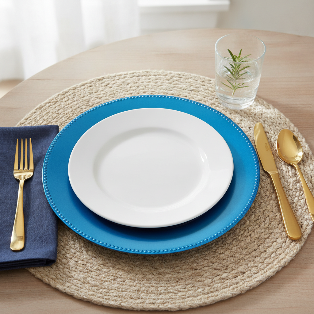 Place setting with the royal-blue beaded-rim charger plate, white plate, gold cutlery and navy napkin