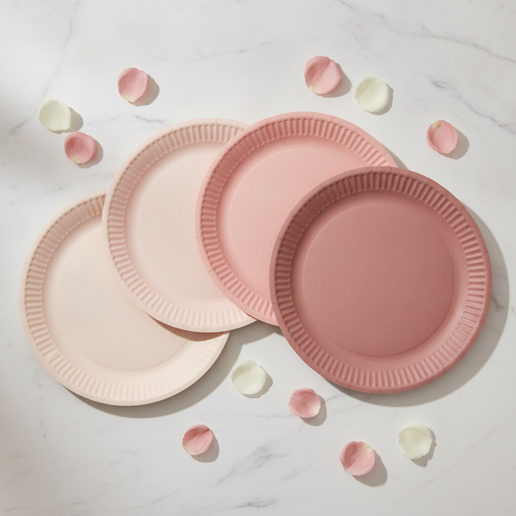 Fan of the four dusty pink gradient paper plate shades on marble