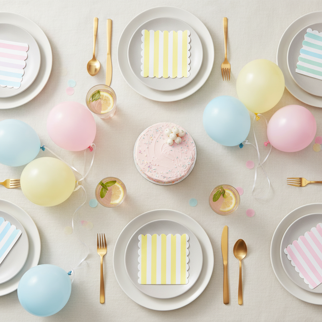 Pastel party tablescape flat-lay with pastel stripe paper napkins and balloons